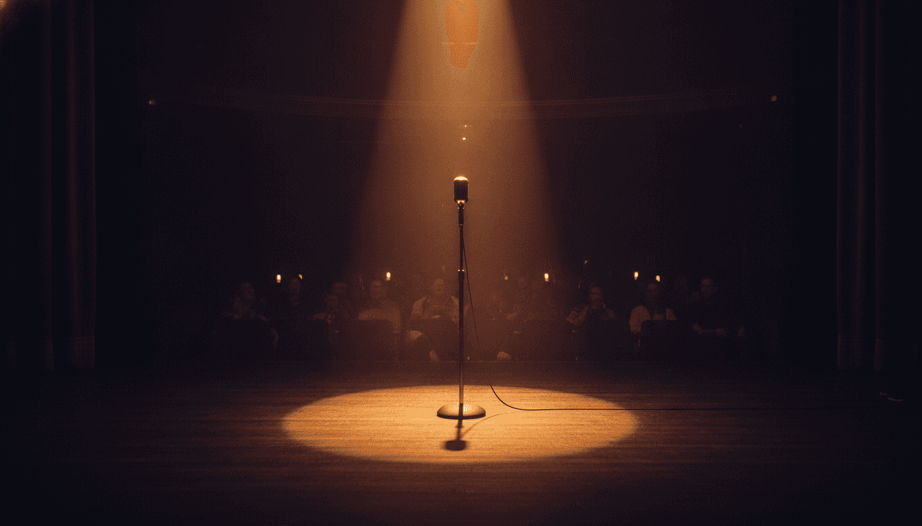 A lone microphone on a dark stage under a single golden spotlight